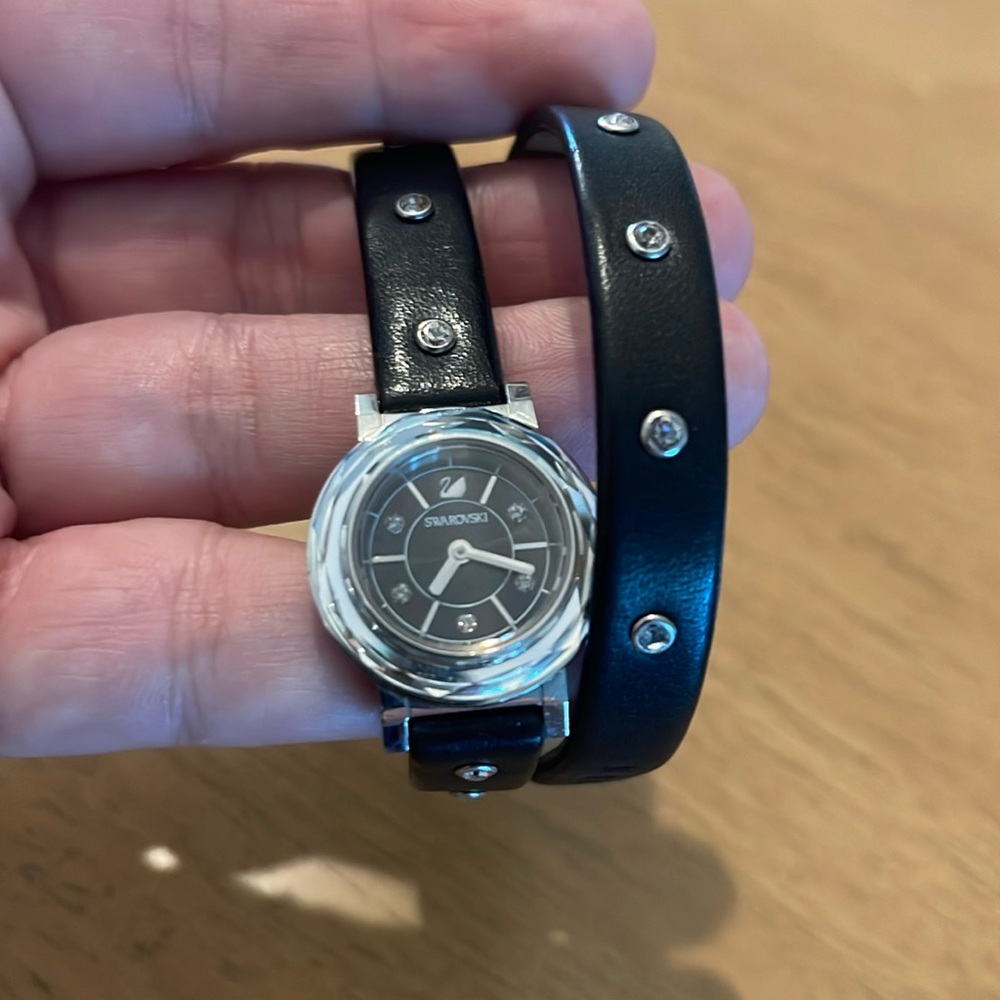 Swarovski black leather stunning twice wrap around watch